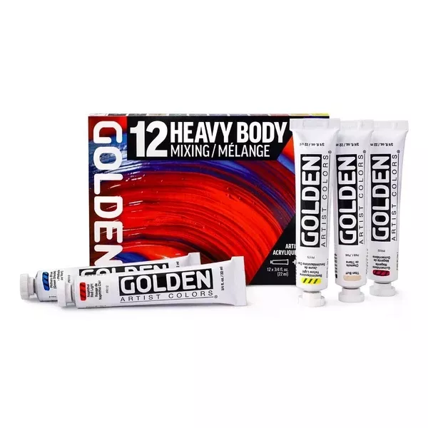 Sada akrylových barev Golden Heavy Body - Mixing Set, 12 x 22 ml + 59 ml Gloss Glazing Liquid