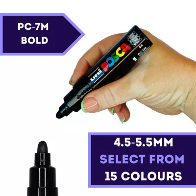 Akrylový fix Posca PC-7M 4,5-5,5mm (Kulatý hrot) - varianty | PC-7M 4,5 - 5,5 mm - White 1, PC-7M 4,5 - 5,5 mm - Yellow 2, PC-7M 4,5 - 5,5 mm - Bright Yellow 3, PC-7M 4,5 - 5,5 mm - Orange 4, PC-7M 4,5 - 5,5 mm - Light Green 5, PC-7M 4,5 - 5,5 mm - Green 6, PC-7M 4,5 - 5,5 mm - Light Blue 8, PC-7M 4,5 - 5,5 mm - Blue 33, PC-7M 4,5 - 5,5 mm - Violet 12, PC-7M 4,5 - 5,5 mm - Pink 13, PC-7M 4,5 - 5,5 mm - Red 15, PC-7M 4,5 - 5,5 mm - Light Orange 54, PC-7M 4,5 - 5,5 mm - Brown 21, PC-7M 4,5 - 5,5 mm - Grey 37, PC-7M 4,5 - 5,5 mm - Black 24