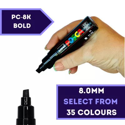 Akrylový fix Posca PC-8K 8mm (zkosený hrot) - varianty | PC-8K 8 mm - White 1, PC-8K 8 mm - Yellow 2, PC-8K 8 mm - Bright Yellow 3, PC-8K 8 mm - Orange 4, PC-8K 8 mm - Light Green 5, PC-8K 8 mm - Green 6, PC-8K 8 mm - Light Blue 8, PC-8K 8 mm - Blue 33, PC-8K 8 mm - Violet 12, PC-8K 8 mm - Pink 13, PC-8K 8 mm - Red 15, PC-8K 8 mm - Light Orange 54, PC-8K 8 mm - Brown 21, PC-8K 8 mm - Grey 37, PC-8K 8 mm - Black 24, PC-8K 8 mm - Ivory 46, PC-8K 8 mm - Beige 45, PC-8K 8 mm - Straw Yellow 73, PC-8K 8 mm - Wine Red 60, PC-8K 8 mm - Slate Grey 61, PC-8K 8 mm - Turquoise 71, PC-8K 8 mm - Gold 25, PC-8K 8 mm - Silver 26, PC-8K 8 mm - Bronze 42