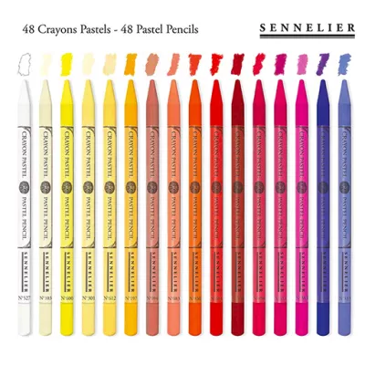Pastely v bezdřevé tužce Sennelier - různé odstíny  | 103 Naples Yellow, 126 Brown Ochre, 134 Indigo Blue, 146 Dead Leaf Green, 173 Moss Grey Green, 179 Black Green, 191 Warm Brown, 197 Cadmium Yellow Orange, 199 Leaf Green, 205 Apple Gree, 252 Viridian Green, 261 Cerulean Blue Hue, 264 Cerulean Blue Light Hue, 289 Prussian Blue, 301 Cadmium Yellow Light Hue, 323 Purple Violet, 333 Blue Violet, 351 Cinereous Green, 355 Cobalt Blue Hue, 360 Ultramarine Light, 363 Cobalt Violet Hue, 372 Indian Yellow, 376 Burnt Madder, 383 Madder Carmine, 393 Ultramarine Deep, 406 Van Dyck Violet, 416 Cassel Earth, 421 Blue Grey, 434 Van Dyck Brown, 444 Violet Brown Lake, 478 Violasceous Grey, 50 Carmine, 521 Grey, 526 Lamp Black, 527 Intense White, 6 Red Brown, 60 Bistre, 600 Lemon Yellow, 612 Cadmium Yellow Deep Hue, 681 Helios Red, 713 Steel Blue, 732 Turquoise Blue, 83 Vermilion, 913 Forest Green, 930 Nasturtium Orange, 94 Venetian Red, 946 Magenta Violet, 953 Amber