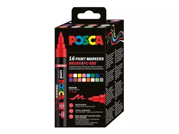 Sada Posca popisovačů PC-5BR se štětcovým hrotem - 16 akrylových popisovačů