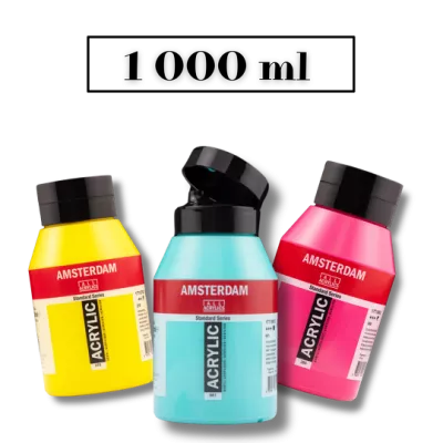 Amsterdam Standard Serie - 1000ml. | 104 Zinc White, 105 Titanium White, 735 Oxide Black, 227 Yellow Ochre, 275 Primary  Yellow, 276 Azo Orange, 315 Pyrrole Red, 366 Quinac. Rose, 369 Primary Magenta, 409 Burnt Umber, 411 Burnt Sienna, 504 Ultramarine, 507 Ultramarin Violet, 551 Sky Blue Light, 566 Prussian Blue, 572 Primary Cyan, 623 Sap Green, 661 Turquoise Green, 718 Warm Grey
