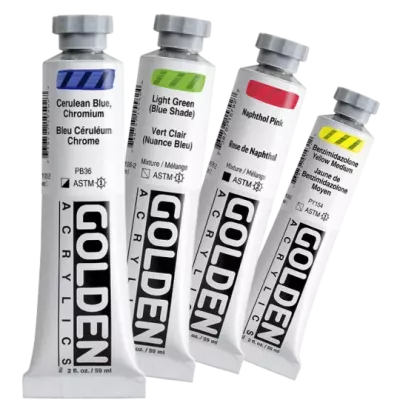 Akrylová barva Golden HEAVY BODY 59 ml - varianty | Anthraquinone Blue 1005, Benzimidazolone Burnt Orange 1006, Bismuth Vanadate Yellow 1007, Benzimidazolone Yellow Medium 1008, Bone Black 1010, Burnt Sienna 1020, Burnt Umber 1030, Burnt Umber Light 1035, Carbon Black 1040, Cerulean Blue Chromium 1050, Cerulean Blue Deep 1051, Chromium Oxide Green 1060, Chromium Oxide Green Dark 1061, Cadmium Orange 1070, Cadmium Red Dark 1080, Cadmium Red Light 1090, Cadmium Red Medium 1100, Cadmium Yellow Dark 1110, Cadmium Yellow Light 1120, Cadmium Yellow Medium 1130, Cadmium Yellow Primrose 1135, Cobalt Blue 1140, Cobalt Green 1142, Cobalt Turquoise 1144, Cobalt Teal 1145, Diarylide Yellow 1147, Dioxazine Purple 1150, Graphite Gray 1160, Green Gold 1170, Hansa Yellow Opaque 1191, Isoindolinone Yellow 1193, Jenkins Green 1195, Mars Black 1200, Mars Yellow 1202, Naphthol Red Light 1210, Naphthol Red Medium 1220, Naples Yellow Deep 1222, Nickel Azo Yellow 1225, Payne's Gray 1240, Permanent Green Light 1250, Permanent Maroon 1252, Permanent Violet Dark 1253, Phthalo Blue (Green Shade) 1255, Phthalo Blue (Red Shade) 1260, Azo Gold 1302, Phthalo Green (Blue Shade) 1270, Phthalo Green (Yellow Shade) 1275, Pyrrole Orange 1276, Pyrrole Red 1277, Pyrrole Red Dark 1278, Pyrrole Red Light 1279, Quinacridone Magenta 1305, Quinacridone Red 1310, Quinacridone Violet 1330, Raw Sienna 1340, Raw Umber 1350, Red Oxide 1360, Teal 1369, Titan Buff 1370, Titan Green Pale 1371, Titanate Yellow 1375, Titanium White 1380, Transparent Brown Iron Oxide 1383, Transparent Red Iron Oxide 1385, Transparent Yellow Iron Oxide 1386, Turquoise (Phthalo) 1390, Ultramarine Blue 1400,  Vat Orange 1403, Ultramarine Violet 1401, Violet Oxide 1405, Yellow Ochre 1407, Yellow Oxide 1410, Zinc White 1415, N2 Neutral Gray 1442, N3 Neutral Gray 1443, N4 Neutral Gray 1444, N5 Neutral Gray 1445, N6 Neutral Gray 1446, N7 Neutral Gray 1447, N8 Neutral Gray 1448, Alizarin Crimson 1450, Hooker's Green Hue 1454, India Yellow Hue 1455, Manganese Blue Hue 1457, Naples Yellow Hue 1459, Prussian Blue Hue 1460, Sap Green Hue 1461, Van Dyke Brown Hue 1462, Azurite Hue 1464, Cobalt Violet Hue 1465, Smalt Hue 1467, Terre Verte Hue 1468, Viridian Green Hue 1469, Primary Cyan 1500, Primary Magenta 1510, Primary Yellow 1530, Cadmium Red Medium Hue 1552, Cadmium Yellow Medium Hue 1554, Cobalt Blue Hue 1556, Light Green (Blue Shade) 1558, Light Green (Yellow Shade) 1560, Light Magenta 1562, Light Turquoise (Phthalo) 1564, Light Violet 1568, Medium Magenta 1570, Medium Violet 1572, Titan Violet Pale 1573, Light Bismuth Yellow 1574, Light Orange 1575, Titan Mars Pale 1576, Light Phthalo Blue 1577, Fluorescent Blue 4605, Light Phthalo Green 1578, Fluorescent Chartreuse 4615, Naphthol Pink 1579, Fluorescent Green 4620, Iridescent Bronze (Fine) 4003, Fluorescent Magenta 4625, Iridescent Copper (Fine) 4005, Fluorescent Orange 4630, Iridescent Copper Light (Fine) 4006, Fluorescent Orange Yellow 4640, Iridescent Gold (Fine) 4010, Fluorescent Pink 4645, Iridescent Bright Gold (Fine) 4012, Fluorescent Red 4650, Iridescent Gold Deep (Fine) 4015, Iridescent Pearl (Fine) 4020, Iridescent Silver (Fine) 4025, Iridescent Stainless Steel (Coarse) 4027, Iridescent Stainless Steel (Fine) 4028, Interference Blue (Fine) 4030, Interference Gold (Fine) 4040, Interference Green (Fine) 4050, Interference Orange (Fine) 4055, Interference Red (Fine) 4060, Interference Violet (Fine) 4070, Iridescent Copper (Coarse) 4105,  Iridescent Copper Light (Coarse) 4106, Iridescent Gold (Coarse) 4110, Iridescent Pearl (Coarse) 4120, Light Ultramarine Blue 1566