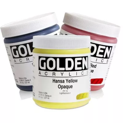 Akrylová barva Golden HEAVY BODY 237 ml - varianty | Anthraquinone Blue 1005, Benzimidazolone Burnt Orange 1006, Bismuth Vanadate Yellow 1007, Benzimidazolone Yellow Medium 1008, Bone Black 1010, Burnt Sienna 1020, Burnt Umber 1030, Burnt Umber Light 1035, Carbon Black 1040, Cerulean Blue Chromium 1050, Cerulean Blue Deep 1051, Chromium Oxide Green 1060, Chromium Oxide Green Dark 1061, Cadmium Orange 1070, Cadmium Red Dark 1080, Cadmium Red Light 1090, Cadmium Red Medium 1100, Cadmium Yellow Dark 1110, Cadmium Yellow Light 1120, Cadmium Yellow Medium 1130, Cadmium Yellow Primrose 1135, Cobalt Blue 1140, Cobalt Green 1142, Cobalt Turquoise 1144, Cobalt Teal 1145, Diarylide Yellow 1147, Dioxazine Purple 1150, Graphite Gray 1160, Green Gold 1170, Hansa Yellow Opaque 1191, Isoindolinone Yellow 1193, Jenkins Green 1195, Mars Black 1200, Mars Yellow 1202, Naphthol Red Light 1210, Naphthol Red Medium 1220, Naples Yellow Deep 1222, Nickel Azo Yellow 1225, Payne's Gray 1240, Permanent Green Light 1250, Permanent Maroon 1252, Permanent Violet Dark 1253, Phthalo Blue (Green Shade) 1255, Phthalo Blue (Red Shade) 1260, Azo Gold 1302, Phthalo Green (Blue Shade) 1270, Phthalo Green (Yellow Shade) 1275, Pyrrole Orange 1276, Pyrrole Red 1277, Pyrrole Red Dark 1278, Pyrrole Red Light 1279, Quinacridone Magenta 1305, Quinacridone Red 1310, Quinacridone Violet 1330, Raw Sienna 1340, Raw Umber 1350, Red Oxide 1360, Teal 1369, Titan Buff 1370, Titan Green Pale 1371, Titanate Yellow 1375, Titanium White 1380, Transparent Brown Iron Oxide 1383, Transparent Red Iron Oxide 1385, Transparent Yellow Iron Oxide 1386, Turquoise (Phthalo) 1390, Ultramarine Blue 1400,  Vat Orange 1403, Ultramarine Violet 1401, Violet Oxide 1405, Yellow Ochre 1407, Yellow Oxide 1410, Zinc White 1415, N2 Neutral Gray 1442, N3 Neutral Gray 1443, N4 Neutral Gray 1444, N5 Neutral Gray 1445, N6 Neutral Gray 1446, N7 Neutral Gray 1447, N8 Neutral Gray 1448, Alizarin Crimson 1450, Hooker's Green Hue 1454, India Yellow Hue 1455, Manganese Blue Hue 1457, Naples Yellow Hue 1459, Prussian Blue Hue 1460, Sap Green Hue 1461, Van Dyke Brown Hue 1462, Azurite Hue 1464, Cobalt Violet Hue 1465, Smalt Hue 1467, Terre Verte Hue 1468, Viridian Green Hue 1469, Primary Cyan 1500, Primary Magenta 1510, Primary Yellow 1530, Cadmium Red Medium Hue 1552, Cadmium Yellow Medium Hue 1554, Cobalt Blue Hue 1556, Light Green (Blue Shade) 1558, Light Green (Yellow Shade) 1560, Light Magenta 1562, Light Turquoise (Phthalo) 1564, Light Violet 1568, Medium Magenta 1570, Medium Violet 1572, Titan Violet Pale 1573, Light Bismuth Yellow 1574, Light Orange 1575, Titan Mars Pale 1576, Light Phthalo Blue 1577, Fluorescent Blue 4605, Light Phthalo Green 1578, Fluorescent Chartreuse 4615, Naphthol Pink 1579, Fluorescent Green 4620, Iridescent Bronze (Fine) 4003, Fluorescent Magenta 4625, Iridescent Copper (Fine) 4005, Fluorescent Orange 4630, Iridescent Copper Light (Fine) 4006, Fluorescent Orange Yellow 4640, Iridescent Gold (Fine) 4010, Fluorescent Pink 4645, Iridescent Bright Gold (Fine) 4012, Fluorescent Red 4650, Iridescent Gold Deep (Fine) 4015, Iridescent Pearl (Fine) 4020, Iridescent Silver (Fine) 4025, Iridescent Stainless Steel (Coarse) 4027, Iridescent Stainless Steel (Fine) 4028, Interference Blue (Fine) 4030, Interference Gold (Fine) 4040, Interference Green (Fine) 4050, Interference Orange (Fine) 4055, Interference Red (Fine) 4060, Interference Violet (Fine) 4070, Iridescent Copper (Coarse) 4105,  Iridescent Copper Light (Coarse) 4106, Iridescent Gold (Coarse) 4110, Iridescent Pearl (Coarse) 4120, Light Ultramarine Blue 1566