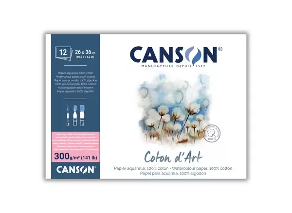 Bavlněný akvarelový skicák Canson Coton d’Art 300 g - varianty - lepený - 26 x 36 cm, Hot Pressed, 300 g/m²