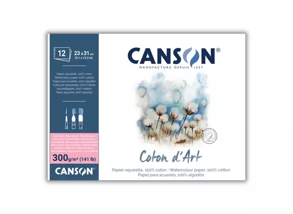Bavlněný akvarelový skicák Canson Coton d’Art 300 g - varianty - lepený - 23 x 31 cm, Hot Pressed, 300 g/m²