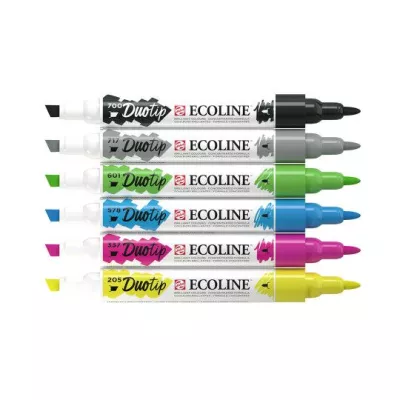 Fixy Ecoline Duotip - varianty | 202 Deep Yellow, 205 Lemon Yellow, 227 Yellow Ochre, 233 Chartreuse, 236 Light Orange, 237 Deep Orange, 258 Apricot, 318 Carmine, 334 Scarlet, 337 Magenta, 374 Pink Beige, 381 Pastel Red, 390 Pastel Rose, 407 Deep Ochre, 416 Sepia, 422 Reddish Brown, 506 Ultramarin Deep, 507 Ultramarin Violet, 508 Prussian Blue, 522 Turquoise Blue, 533 Indigo, 548 Blue Violet, 578 Sky Blue Cyan, 580 Pastel Blue, 601 Light Green, 602 Deep Green, 640 Bluish Green, 657 Bronze Green, 665 Spring Green, 700 Black, 717 Cold Grey, 738 Cold Grey Light