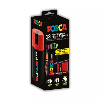 Sada akrylových fixů Posca, mix odstínů - 13 fixů + kovové pouzdro