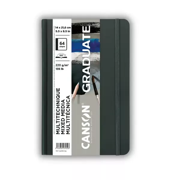 Skicák Mixed Media Graduate Book s pevnou vazbou, šedé listy - 14 x 21,6 cm, 64 listů, 220g/m² Canson