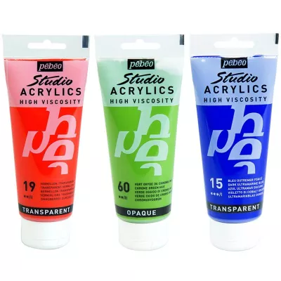 Studio Acrylics Pébéo 100 ml - varianty | 11 Titanium White, 13 Light Azo Yellow, 14 Opaque Cobalt Blue Hue, 15 Dark Ultramarine Blue, 17 Phthalocyanine Blue, 18 Naphtol Carmine, 19 Transparent Vermilion, 20 Quinacridone Scarlet, 21 Oriental Violet, 22 Lemon Cadmium Yellow Hue, 23 Medium Cadmium Yellow Hue, 24 Naples Yellow Hue, 25 Opaque Light Ultramarine Blue, 26 Mars Black, 27 Yellow Ochre, 28 Cerulean Blue, 29 Burnt Umber, 30 Turquoise Blue, 32 Cadmium Orange Hue, 33 Cadmium Red Hue, 34 Red Ochre, 35 Venice Yellow, 36 Raw Sienna, 38 Burnt Sienna, 39 Venice Red, 40 Payne´s Grey, 41 Vivid White, 42 Phthalocyanine Green, 43 Cadmium Green Hue, 44 Hookers Green, 45 Opaque Vivid Pink, 46 Neutral Grey, 47 Dark Cobalt Violet Hue, 48 Opaque Primary Yellow, 49 Cyan Primary Cyan, 50 Primary Magenta, 51 Bright Yellow, 52 Dark Cadmium Yellow Hue, 53 Dark Cadmium Red Hue, 54 Alizarin Crimson, 55 Azo Pink, 56 Prussian Blue Hue, 59 Opaque Sap Green, 60 Chrome Green Hue, 61 Green Earth, 63 Terra Rossa, 64 Raw Umber, 65 Ivory, 73 Ivory Black Hue, 350 Rich Gold, 351 Silver, 352 Gold, 353 Iridescent Orange-Yellow, 354 Iridescent Red-Blue, 355 Copper, 356 Iridescent Violet-Blue, 357 Iridescent Blue-Green, 358 Iridescent Green-Blue, 359 Iridescent Green-Yellow, 360 Iridescent Blue-Black, 370 Fluorescent Orange, 371 Fluorescent Pink, 372 Fluorescent Yellow, Phosphorescent Gel Green, Phosphorescent Gel Turquoise, Phosphorescent Gel Blue, Phosphorescent Gel Yellow, Phosphorescent Gel  Green