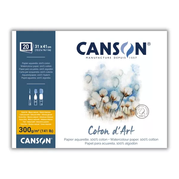 Bavlněné akvarel.skicáky Coton d’Art, CP - varianty - Canson Coton d’Art, CP lepený ze všech 4 stran - 31 x 41 cm Canson