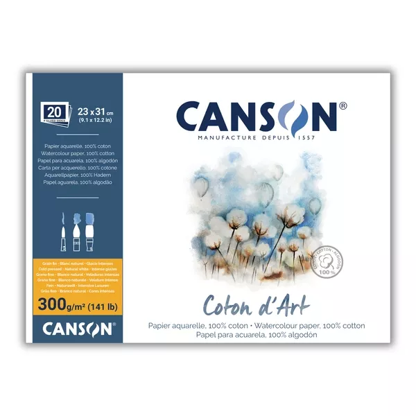 Bavlněné akvarel.skicáky Coton d’Art, CP - varianty - Canson Coton d’Art, CP lepený ze všech 4 stran - 23 x 31 cm Canson