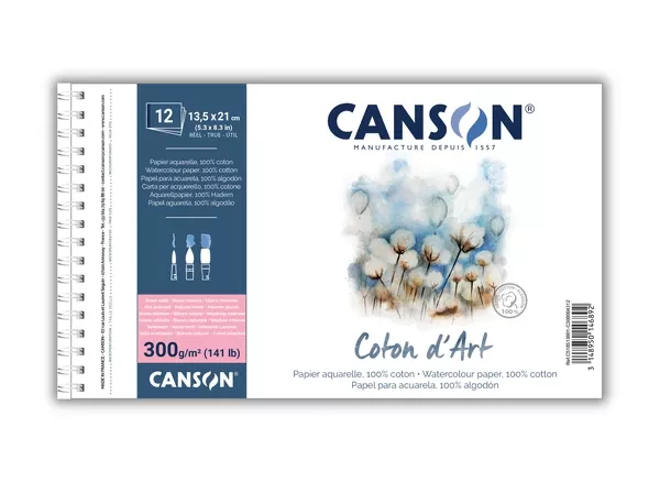 Bavlněný akvarelový skicák Canson Coton d’Art 300 g - varianty - kroužkové vazbě - 13,5 x 21 cm - Hot Pressed