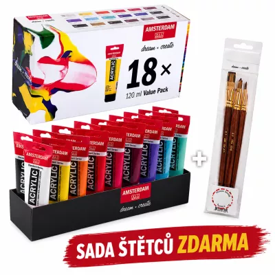 Sada akrylových barev Amsterdam Standard - 18 x 120 ml + sada štětců zdarma