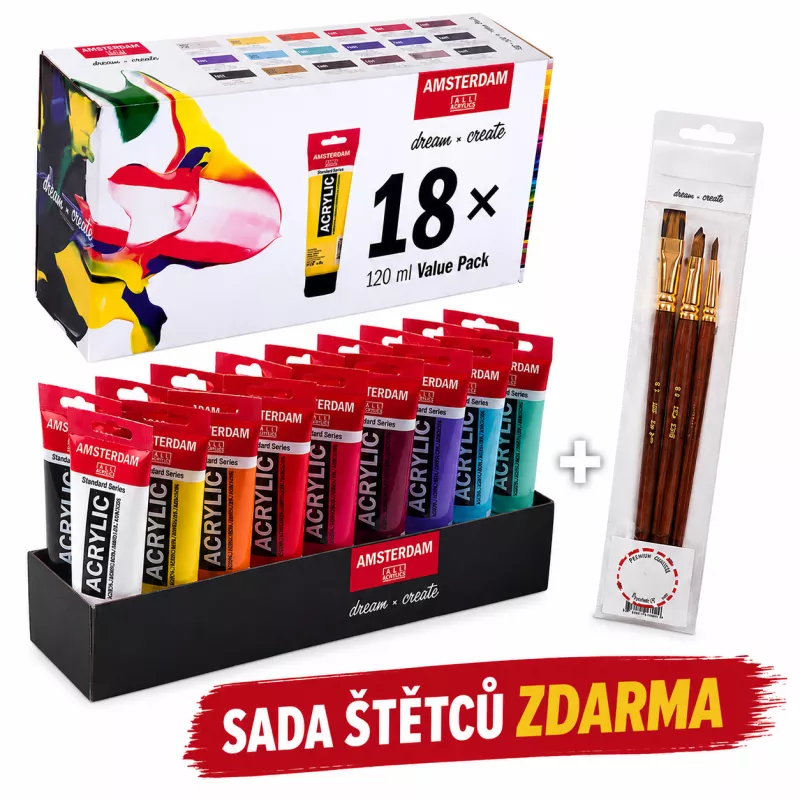 Sada akrylových barev Amsterdam Standard - 18 x 120 ml + sada štětců zdarma