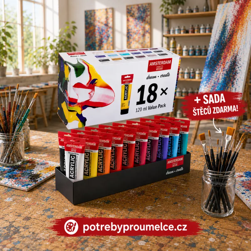 Sada akrylových barev Amsterdam Standard - 18 x 120 ml + sada štětců zdarma