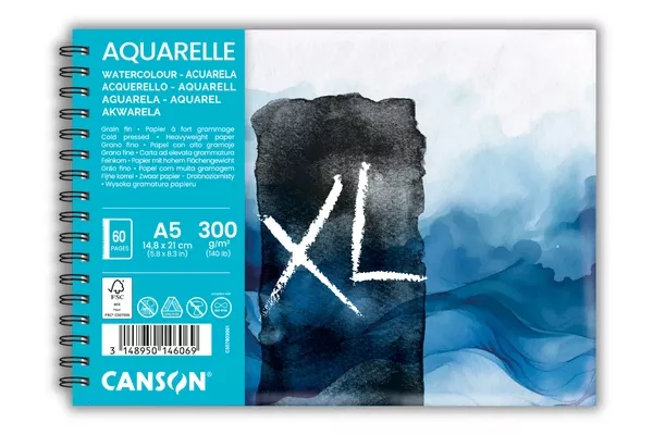 Skicák Canson XL Blok spirálový, akvarelový A5, 300 g, 30 listů, lisovaný za studena