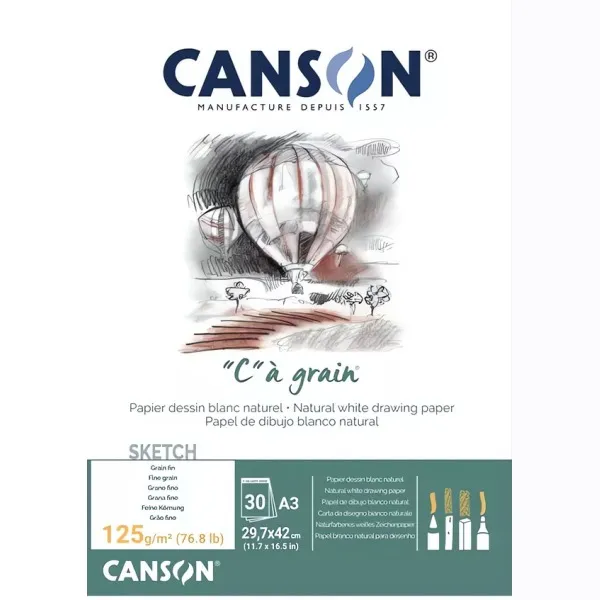 "C" à grain skicák - (125g/m2, 30 archů) - A3 - lepený na krátké straně Canson