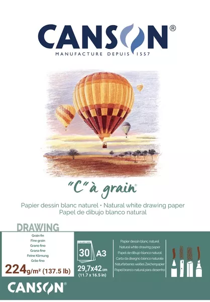 "C" à grain skicák - (224g/m2, 30 archů) - varianty - A3 - lepený na krátké straně Canson