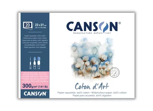 Canson Coton d’Art, lepený Bavlna - HP 300g - varianty - HP - 23 x 31 cm lepený ze 4 stran, 20 listů