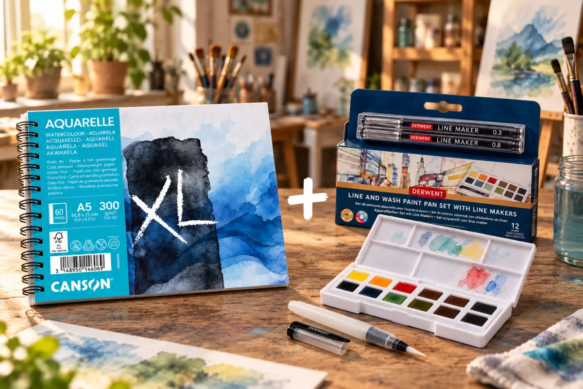 Sada akvarelových barev + příslušenství + Artbook na akvarel Canson
