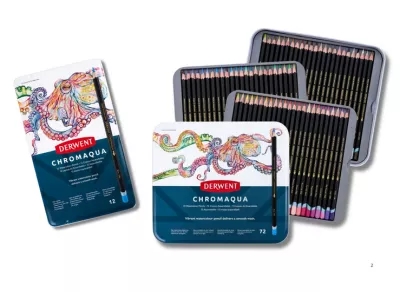 Sady akvarelových pastelek Chromaqua Derwent - varianty | Chromaqua - 12 odstínů, Chromaqua - 24 odstínů, Chromaqua - 36 odstínů, Chromaqua - 72 odstínů, Chromaqua - 150 odstínů