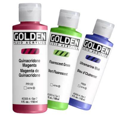 Akrylová barva Golden FLUID 118 ml - varianty | Anthraquinone Blue 2005, Benzimidazolone Yellow Medium 2008, Benzimidazolone Yellow Light 2009, Bone Black 2010, Burnt Sienna 2020, Burnt Umber Light 2035, Carbon Black 2040, Cerulean Blue Chromium 2050, Cerulean Blue Deep 2051, Chromium Oxide Green 2060, Cobalt Blue 2140, Cobalt Turquoise 2144, Cobalt Teal 2145, Diarylide Yellow 2147, Dioxazine Purple 2150, Green Gold 2170, Hansa Yellow Opaque 2191, Jenkins Green 2195, Naphthol Red Medium 2220, Nickel Azo Yellow 2225, Payne's Gray 2240, Permanent Green Light 2250, Permanent Violet Dark 2253, Phthalo Blue (Green Shade) 2255, Phthalo Blue (Red Shade) 2260, Phthalo Green (Blue Shade) 2270, Phthalo Green (Yellow Shade) 2275, Pyrrole Orange 2276, Pyrrole Red 2277, Azo Gold 30ML 2302, Quinacridone Magenta 2305, Quinacridone Red 2310, Quinacridone Violet 2330, Raw Sienna 2340, Raw Umber 2350, Red Oxide 2360, Light Magenta 2362, Light Ultramarine Blue 2366, Teal 2369, Titan Buff 2370, Titan Green Pale 2371, Titan Mars Pale 30ML 2376, PHTH.Blue 30ML 2377, Titanium White 2380, Turqouise (Phthalo) 2390, Ultramarine Blue 2400, Ultramarine Violet 2401, Vat Orange 2403, Yellow Ochre 2407, Zinc White 2415, Primary Cyan 2420, Primary Magenta 2421, Primary Yellow 2422, Cadmium Red Medium Hue 2425, Cadmium Yellow Medium Hue 2428, Alizarin Crimson Hue 2435, India Yellow Hue 2436, Manganese Blue Hue 2437, Naples Yellow Hue 2438, Prussian Blue Hue 2439, Sap Green Hue 2440, Van Dyke Brown Hue 2442, Iridescent Bronze (Fine) 2450, Iridescent Copper (Fine) 2451, Iridescent Copper Light 2452, Iridescent Gold (Fine) 2453, Iridescent Bright Gold 2454, Iridescent Pearl (Fine) 2456, Iridescent Silver 2457, Iridescent Stainless Steel (Coarse) 2458, Interference Blue (Fine) 2465, Interference Green (Fine) 2466, Interference Gold (Fine) 2467, Interference Red (Fine) 2469, Interference Violet (Fine) 2470, Fluorescent Yellow 2490, Fluorescent Red 2491, Fluorescent Pink 2492, Fluorescent Green 2493, Fluorescent Magenta 2494, Bone Black 2010, Transparent Red Iron Oxide 2385, Viridian Green Hue 2443, Iridescent Gold Deep 2455, Micaceous Iron Oxide 2460, NAPHTHOL RED LIGHT  2210