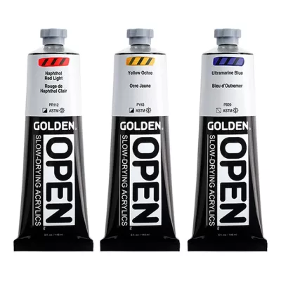 Akrylová barva Golden Open Slow Drying 59 ml - varianty | Anthraquinone Blue 7005, Bismuth Vanadate Yellow 7007, Benzimidazolone Yellow Medium 7008, Benzimidazolone Yellow Light 7009, Bone Black 7010, Burnt Sienna 7020, Burnt Umber 7030, Carbon Black 7040, Cerulean Blue Chromium 7050, Chromium Oxide Green 7060, Chromium Oxide Green Dark 7061, Cadmium Orange 7070, Cadmium Red Dark 7080, Cadmium Red Light 7090, Cadmium Red Medium 7100, Cadmium Yellow Dark 7110, Cadmium Yellow Medium 7130, Cobalt Blue 7140, Cobalt Green 7142, Cobalt Turquoise 7144, Cobalt Teal 7145, Diarylide Yellow 7147, Dioxazine Purple 7150, Green Gold 7170, Hansa Yellow Opaque 7191, Jenkins Green 7195, Mars Yellow 7202, Naphthol Red Light 7210, Naphthol Red Medium 7220, Nickel Azo Yellow 7225, Payne's Gray 7240, Permanent Green Light 7250, Permanent Maroon 7252, Permanent Violet Ark 7253, Phthalo Blue (Green Shade) 7255, Phthalo Blue (Red Shade) 7260, Phthalo Green (Blue Shade) 7270, Phthalo Green (Yellow Shade) 7275, Pyrrole Orange 7276, Pyrrole Red 7277, Pyrrole Red Dark 7278, Azo Gold 7302, Quinacridone Magenta 7305, Quinacridone Red 7310, Raw Sienna 7340, Raw Umber 7350, Red Oxide 7360, Teal 7369, Titan Buff 7370, Titan Green Pale 7371, Titanium White 7380, Transparent Brown Iron Oxide 7383, Transparent Red Iron Oxide 7385, Transparent Yellow Iron Oxide 7386, Ultramarine Blue 7400, Ultramarine Violet 7401, Violet Oxide 7405, Yellow Ochre 7407, Yellow Oxide 7410, Zinc White 7415, N5 Neutral Gray 7445, Alizarin Crimson Hue 7450, India Yellow Hue 7455, Manganese Blue Hue 7457, Naples Yellow Hue 7459, Prussian Blue Hue 7460, Sap Green Hue 7461, Van Dyke Brown Hue 7462, Terre Verte Hue 7468, Viridian Green Hue 7469, Iridescent Bright Gold (Fine) 7480, Iridescent Bronze (Fine) 7481, Iridescent Copper (Fine) 7482, Iridescent Gold (Fine) 7484, Iridescent Pearl (Fine) 7486, Iridescent Silver (Fine) 7487, Light Ultramarine 7566, Titan Mars Pale 7576, Light Phthalo Blue 7577