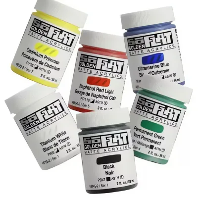 Akrylová barva Golden SoFlat Matte 59 ml - varianty | 6500 Pale Yellow, 6505 Cadmium Primrose, 6510 Bismuth Vanadate Yellow, 6515 Permanent Yellow, 6520 Cadmium Yellow Medium, 6525 Permanent Yellow Deep, 6530 Cadmium Orange, 6535 Medium Orange, 6540 Light Orange, 6545 Cadmium Red Light, 6550 Naphthol Red Light, 6555 Pyrrole Red, 6560 Quinacridone Red, 6565 Cadmium Red Dark, 6570 Naphthol Pink, 6575 Light Magenta, 6580 Crimson, 6585 Quinacridone Magenta, 6590 Light Violet, 6595 Red Violet, 6600 Dioxazine Violet Deep, 6605 Blue Violet, 6610 Ultramarine Blue, 6615 Light Ultramarine Blue, 6620 Phthalo Blue (Green Shade), 6625 Light Phthalo Blue, 6630 Cerulean Blue Hue, 6635 Medium Phthalo Blue, 6640 Turquoise, 6645 Cobalt Teal, 6650 Phthalo Green (Blue Shade), 6655 Light Phthalo Green, 6660 Permanent Green, 6665 Dark Green, 6670 Light Green Yellow, 6675 Yellow Green, 6680 Olive, 6685 Titan Green Pale, 6690 Titan Buff, 6695 Naples Yellow Deep, 6700 Yellow Oxide, 6705 Mars Yellow Deep, 6710 Titan Mars Pale, 6715 Titan Violet Pale, 6720 Red Oxide, 6725 Cobalt Blue, 6730 Burnt Sienna, 6735 Burnt Umber, 6740 Raw Umber, 6745 Black, 6750 Payne's Gray, 6755 Titanium White, 6760 N5 Neutral Gray, 6765 N8 Neutral Gray, 6770 Fluorescent Yellow, 6775 Fluorescent Orange, 6780 Fluorescent Red, 6785 Fluorescent Pink, 6790 Fluorescent Violet, 6795 Fluorescent Green