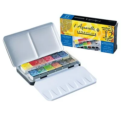 Mistrovské akvarelové barvy l'Aquarelle - Sennelier v půl-pánvičkách v sadě, 12 odstínů 