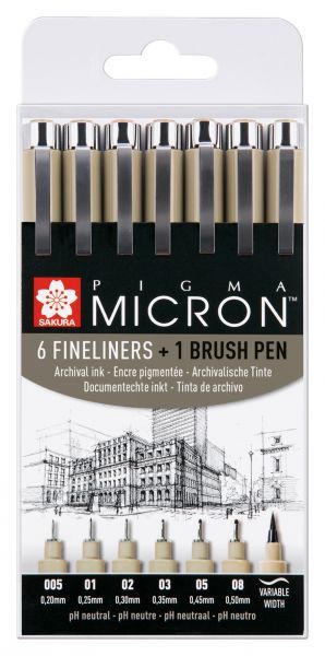 Sada Pigma Micron Black 6+1 brush