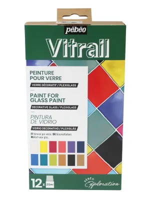 Sada nevypalovacích barev na sklo VITRAIL (Pebeo)  - 12 x20 ml