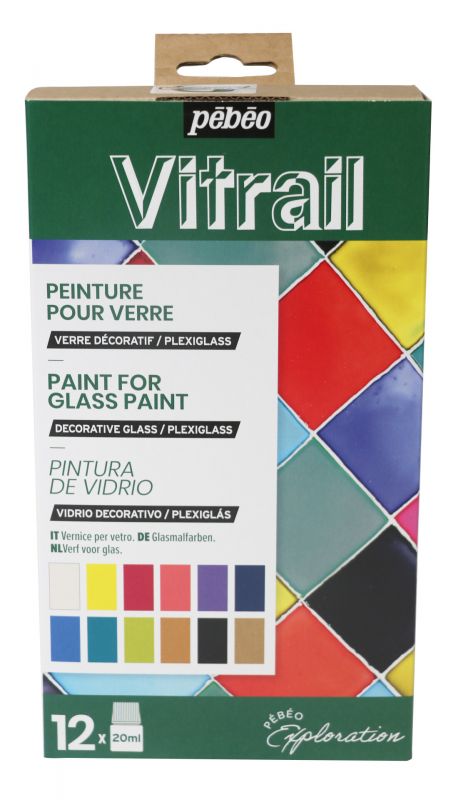 Sada nevypalovacích barev na sklo VITRAIL (Pebeo) - 12 x20 ml