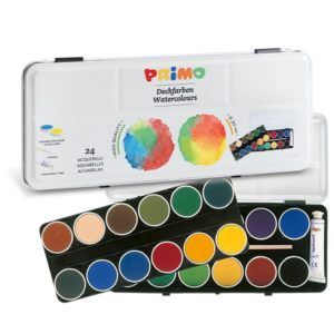 Vodové barvy PRIMO LUX, Ø 30mm, 24 barev + štětec + běloba, kovové víko